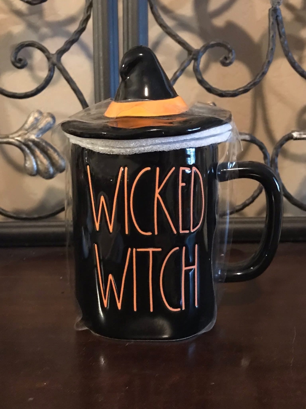 Rae Dunn Black Ceramic "WICKED WITCH" Mug with Witch Hat Lid - Black and Orange